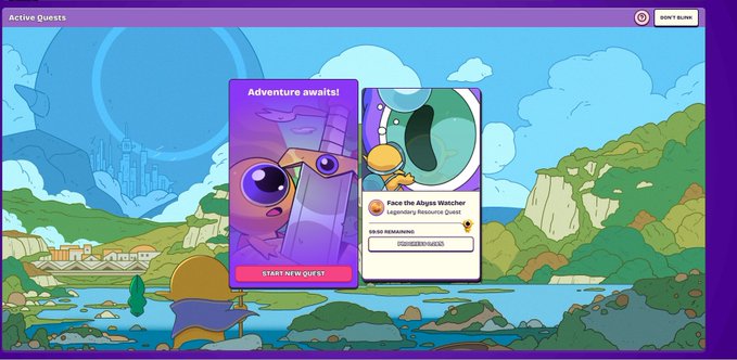 The image displays a video game interface titled "Active Quests" with a pop-up window showing a purple character and the text "Adventure awaits!" along with a quest titled "Face the Abyss Watcher" labeled as a "Legendary Resource Quest." A "START NEW QUEST" button appears below, while the accompanying text references an "@Everdraw_RPG" legendary quest offering 200 free mints to those who complete it, aligning with the legendary quest shown in the game interface.