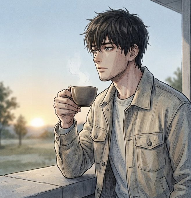 An anime-style illustration of a young man with messy dark hair holding a steaming cup while looking out a window at sunset.