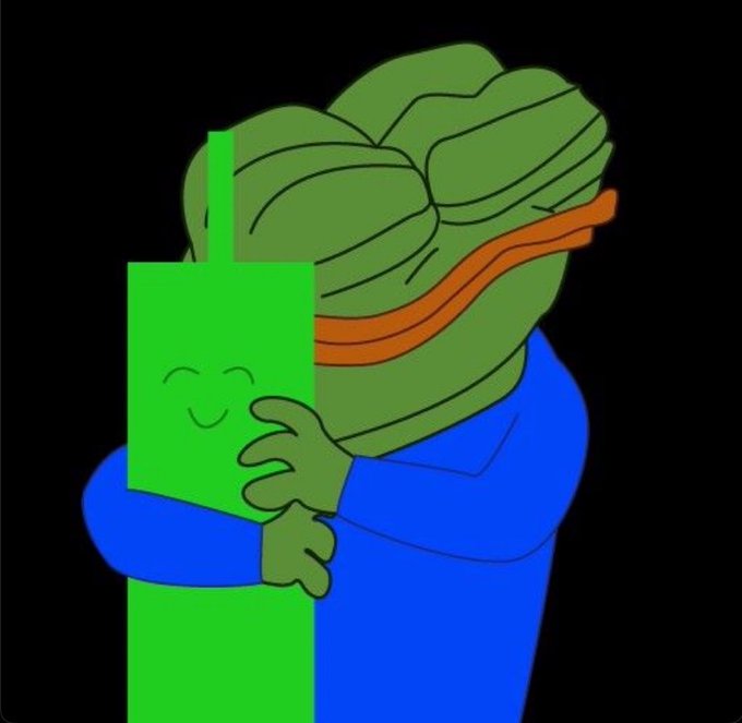 A cartoon character resembling Pepe the Frog tenderly hugs a smiling green rectangle (likely representing a crypto token or coin). The image pairs with the post's message about crypto excitement returning, symbolizing affectionate optimism and renewed enthusiasm for the market.