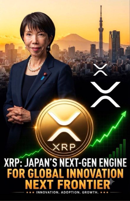 The image features a woman in formal attire alongside an XRP token graphic and the Tokyo skyline, with text reading "XRP: JAPAN'S NEXT-GEN ENGINE FOR GLOBAL INNOVATION NEXT FRONTIER" and "INNOVATION. ADOPTION. GROWTH." It visually reinforces the post's claim about Japan's massive $60 billion XRP holdings.