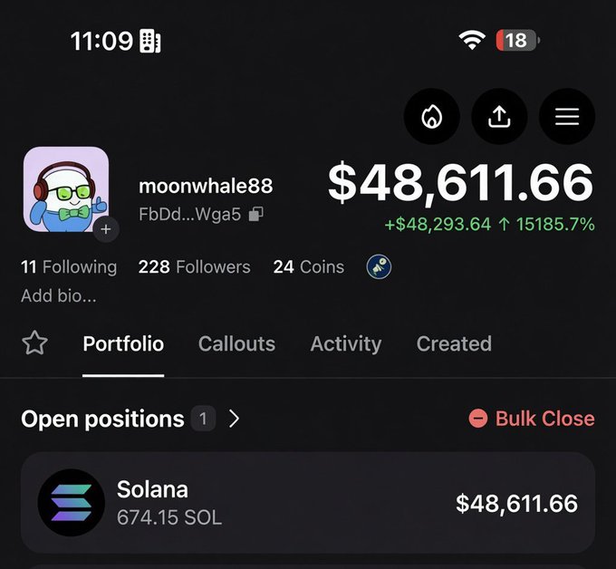 A mobile screenshot of the "moonwhale88" profile on what appears to be a trading platform, showing a portfolio value of $48,611.66 with a +$48,293.64 (+15185.7%) gain, holding 674.15 SOL in an open position. While the post hypes up the $FROGBULL token as a potential moonshot, the image actually showcases an existing trader's impressive Solana gains, likely used as aspirational evidence of what's possible with meme coin trading.