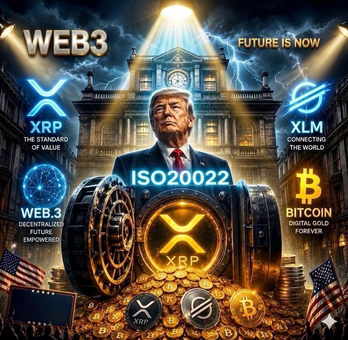 The image features an advertisement for a cryptocurrency called ISO20022, which is related to Bitcoin. The poster includes a man wearing a suit standing next to a large golden coin, symbolizing wealth or power. There are also various other coins and symbols associated with Bitcoin on the poster. The text in the image reads "THE NEW STANDARD THE WEB3 revolution is here ISO20022 is live, Unlocking a decentralized future empowered by digital gold." This suggests that the advertisement is promoting the idea of using Bitcoin as a means to achieve financial freedom or success through cryptocurrency trading and investing.