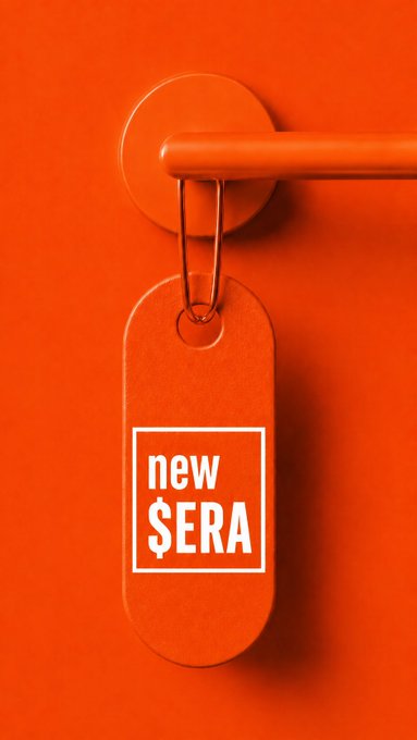 An orange door hanger hangs from a doorknob against a matching orange background, displaying the text "new $ERA" in a bold white square logo—visually evoking the start of a fresh chapter that aligns with the "go onchain" message.