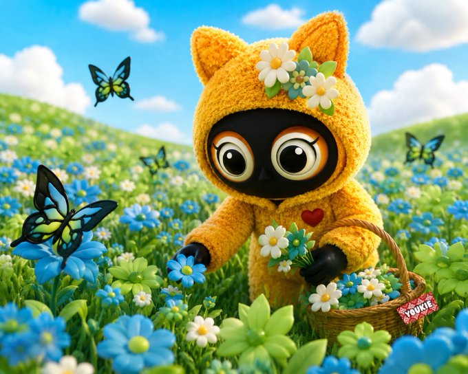 The image features a cartoon cat dressed in a yellow outfit, surrounded by blue flowers, and holding a basket filled with flowers. The cat appears to be exploring or picking flowers from the field. The background of the image shows a beautiful landscape with a sky full of clouds and butterflies flying around. The caption for this image reads: "Happy Monday. GM Quippers I started posting about @quipnetwork on March 27, 2006. Slowly climbing up the LB to #1 I’ve gone from learning the vision to following every update and sharing it with others."