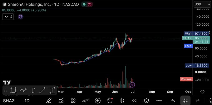 The provided stock chart shows the performance of SharonAI Holdings, Inc. (SHAZ) on NASDAQ, with its price significantly increasing from a low of $16.5500 to a recent high of $97.4800. This visual displays the substantial growth of the startup since the investor initially overlooked it after the 2021 bull market.