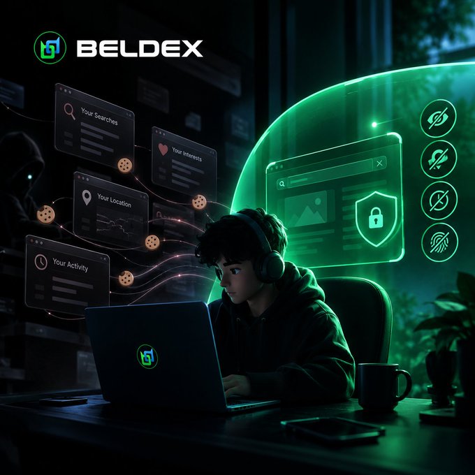 A digital illustration promoting BELDEX showing a person on a laptop surrounded by icons representing searches, interests, location, and activity, with privacy-related symbols.