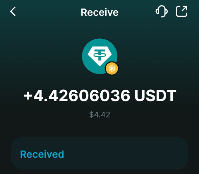 A mobile app screen showing a successful USDT (Tether) transaction, displaying '+4.42606036 USDT' received with a confirmation status at the bottom.