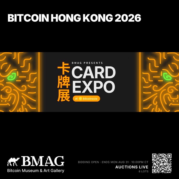A promotional graphic for "BITCOIN HONG KONG 2026" featuring the "CARD EXPO at bitcoinasia" by BMAG (Bitcoin Museum & Art Gallery), with bidding open and auctions live, 8 lots.