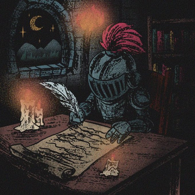 A knight in armor with a red plume sits at a wooden desk by candlelight, writing on parchment with a quill, beneath a stone window showing a crescent moon and stars.