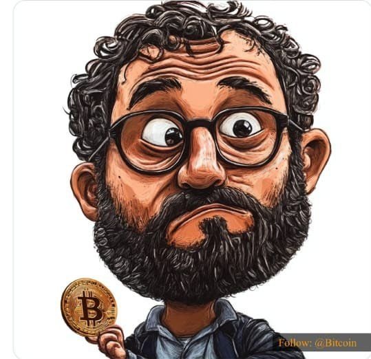 A cartoon-style caricature of a curly-haired, bearded man wearing glasses holds a Bitcoin coin, with "Follow: @Bitcoin" text in the corner. The image appears to depict a mystery figure—likely referencing Satoshi Nakamoto or a Pi Network personality—as the uncredited founder of Bitcoin and cryptocurrency, aligning with the post's suggestion that the true originator remains hidden from elites and media.