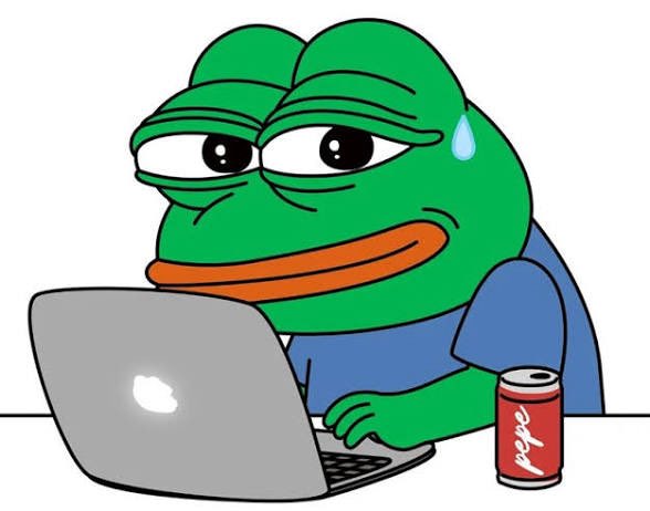 An illustration of Pepe the Frog looking stressed and sweating while using a MacBook laptop, with a red Coca-Cola can beside him.