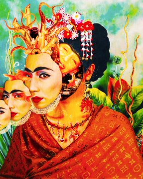The image features a painting of a woman with an orange dress, wearing a headdress that resembles a crown or a fish head. The painting has been edited to include multiple images of the same woman, creating a collage effect. The artist's name is also present in the image.