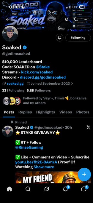 Twitter/X profile page for 'Soaked' (@godimsoaked) showing a $10,000 Leaderboard, code 'SOAKED' on Stake, and a pinned STAKE GIVEAWAY post.