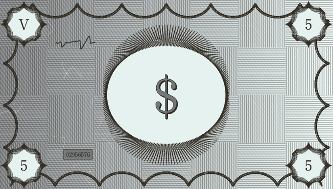 A black and white graphic of a stylized dollar bill design with a central $ symbol, the number '5' in each corner, and 'V' in the top-left corner.
