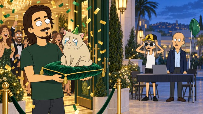 An animated scene shows a man holding a sad cat on a cushion at a celebration, while another man and woman look shocked nearby.