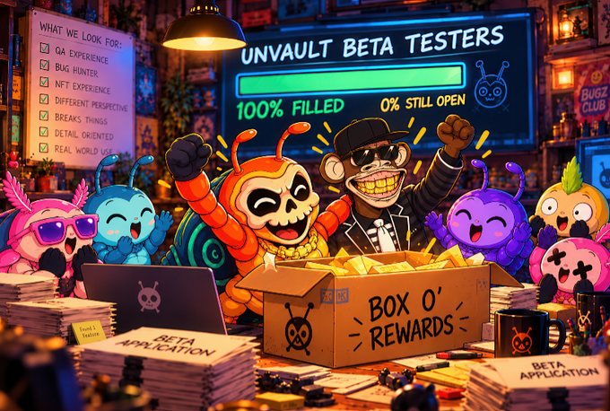 A colorful cartoon illustration of bug characters celebrating with a 'Box o' Rewards,' featuring a checklist labeled 'WHAT WE LOOK FOR' and a banner reading 'UNVAULT BETA TESTERS 100% FILLED'.