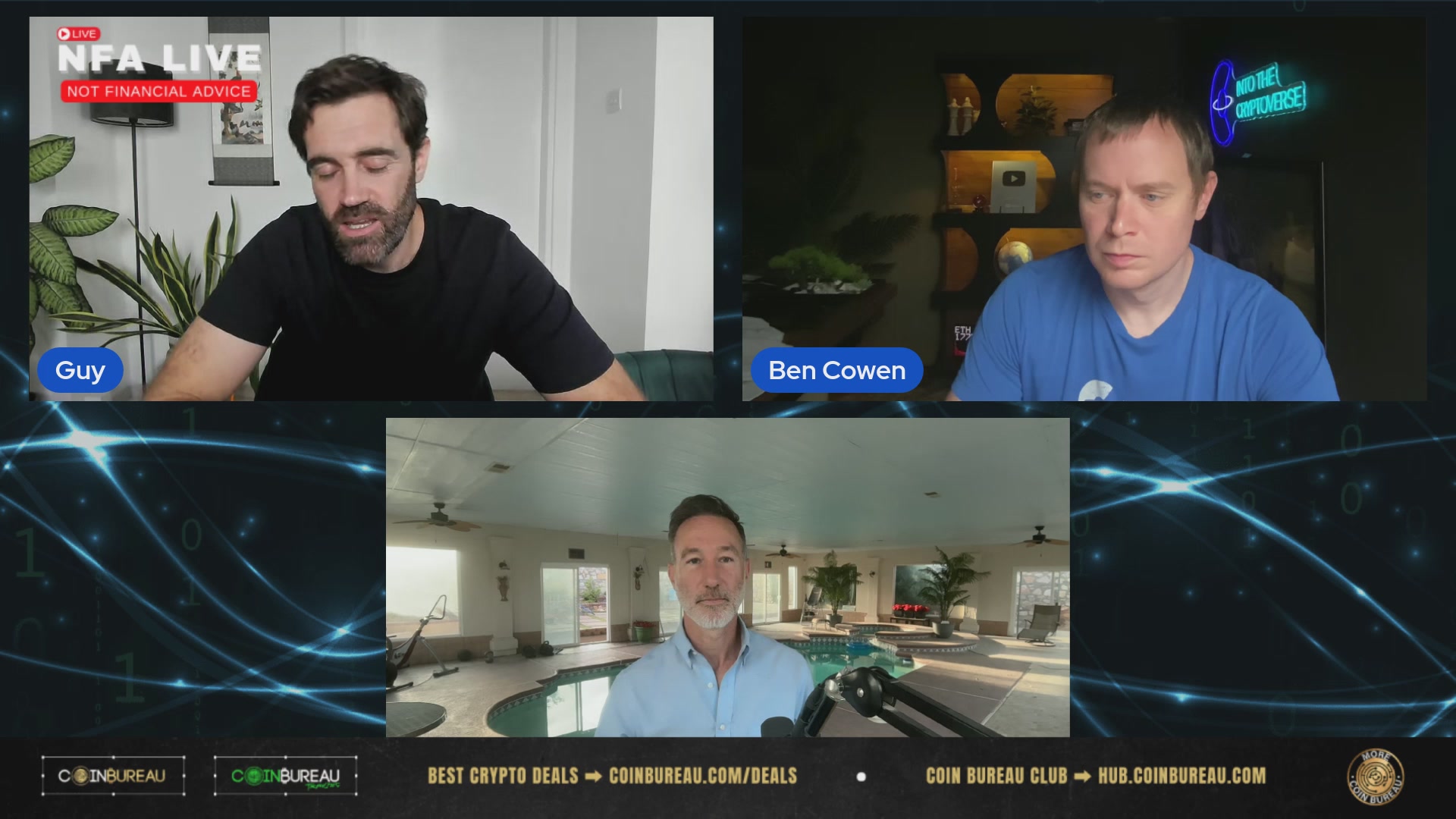 The image shows three men sitting behind a computer screen, with each of them facing different directions as they appear to be participating in an online video call or webinar. The background features a blue sky with white clouds, creating a calm atmosphere for their discussion. The text on the screen reads "NFA Live! Bitcoin in 2026". This suggests that the men are discussing Bitcoin and its potential impact on the financial world during the year 2026.
