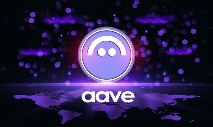 The image features a logo with a purple circle containing an "A" inside of it, surrounded by circles of different sizes and colors. The background consists of a black sky filled with white dots, creating a starry effect. Below the logo is text that reads "Just in: Aave secures dual UK regulatory approvals through its local subsidiaries, paving the way for regulated crypto payments infrastructure and zero-fee fiat on/off ramps into the Aave ecosystem". The image seems to be related to cryptocurrency or blockchain technology, as indicated by the presence of the Aave logo.