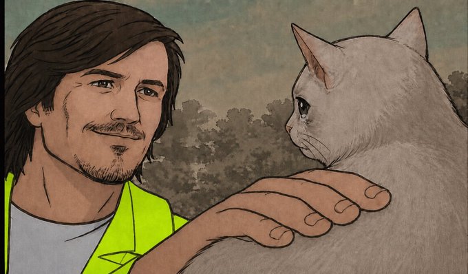 An illustrated digital artwork depicts a bearded man in a neon yellow vest holding a white cat, both gazing at each other.