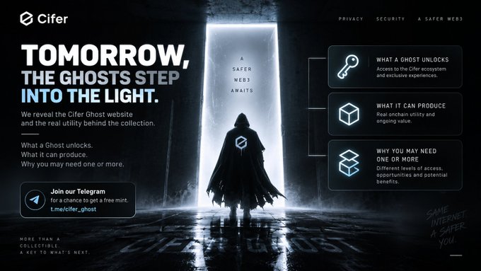 The image is a dramatic promotional teaser for "Cifer Ghost," featuring a hooded ghostly figure standing in a bright doorway with the bold tagline "TOMORROW, THE GHOSTS STEP INTO THE LIGHT" and text revealing "A SAFER WEB3 AWAITS." Three key value propositions are listed: "What a Ghost unlocks" (ecosystem access), "What it can produce" (on-chain utility), and "Why you may need one or more" (different access levels), alongside a Telegram link (t.me/cifer_ghost) for a free mint. The accompanying post explains that this transition from teaser to substance aims to give "utility" real meaning by addressing what the Cifer Ghost NFT actually unlocks, produces, and why users might need multiple ones.
