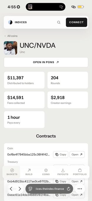 A mobile phone screenshot of the Indices app showing a coin called 'UNC/NVDA' with stats including $11,397 distributed to holders, 204 rounds, $14,591 fees collected, and $2,918 creator earnings.