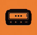 A simple icon of a black cassette tape with orange details displayed on an orange background.