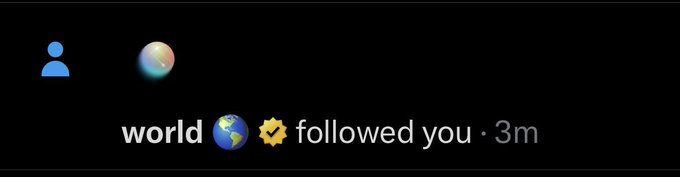 A notification showing that the account "world 🌍" followed the user, paired with a post praising Worldcoin's hardworking intern and highlighting the Solana effect.