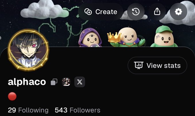 A profile page for "alphaco" on the Pumpfun app, showing 29 Following and 543 Followers, celebrating reaching the 543-follower milestone mentioned in the post.