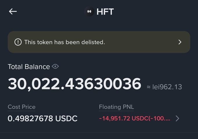 A cryptocurrency wallet screen shows token HFT has been delisted, with a total balance of 30,022.43630036 (lei962.13) and a floating PNL of -14,951.72 USDC.