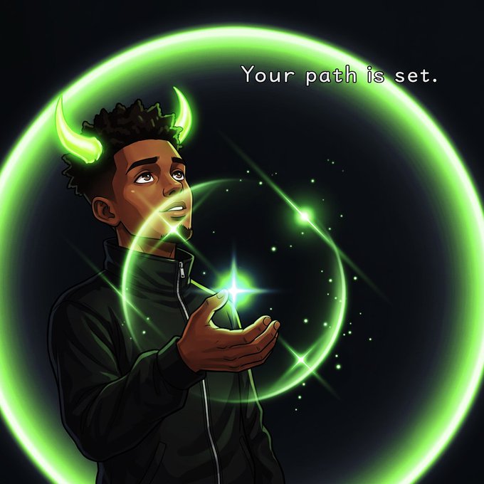 A digital illustration of a young man with glowing green horns holding a bright green light orb, surrounded by a glowing green ring, with the text 'Your path is set.' in the upper right.