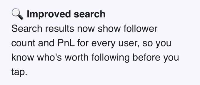 A UI feature announcement for "Improved search," noting that search results now display follower count and PnL for every user to help identify worthwhile accounts to follow—supporting the post about making it easier to find insiders on @fomo.