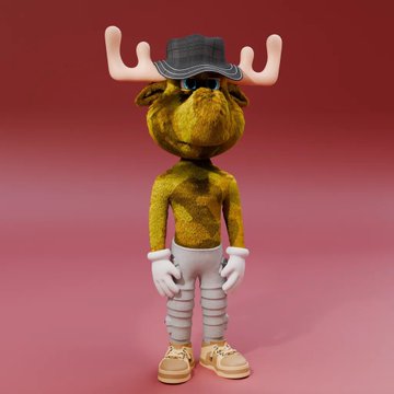 A 3D rendering of a yellow anthropomorphic moose character wearing a black hat, white gloves, and striped pants, standing against a solid red background.