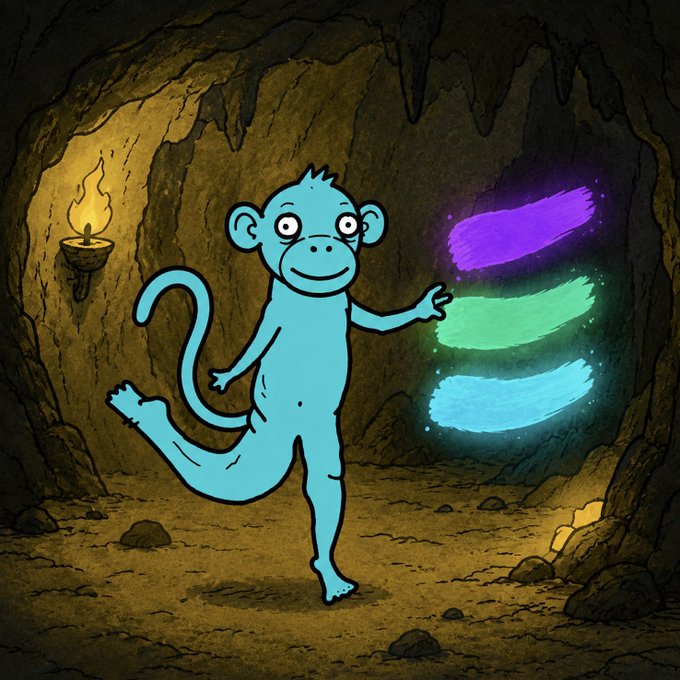 A colorful cartoon illustration of a blue monkey standing in a cave, gesturing toward three glowing brush strokes in purple, green, and blue colors.