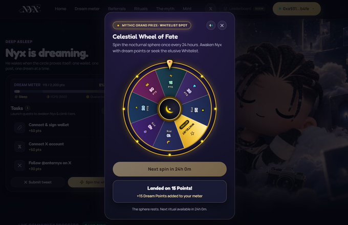 Screenshot of a crypto/NFT platform called 'NYX' showing a 'Celestial Wheel of Fate' spin-the-wheel reward interface, with a Dream Meter at 110/2,300 pts and a notification that the user landed on 18 points.