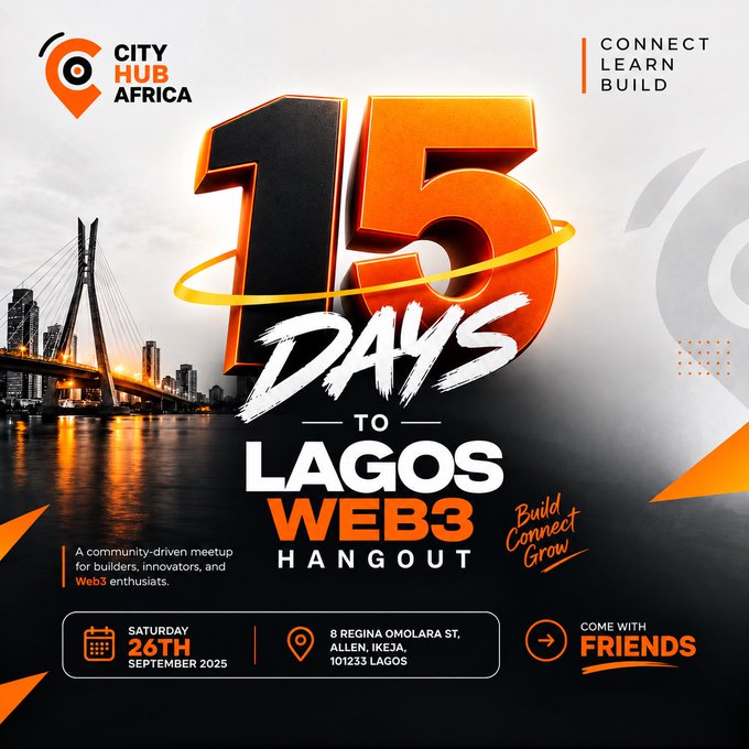 A promotional flyer for 'CITY HUB AFRICA' advertising '15 DAYS TO LAGOS WEB3 HANGOUT,' a community-driven meetup scheduled for Saturday, 26th September 2025, at 8 Regina Omolara St, Allen, Ikeja, Lagos, featuring a city skyline and bridge image.