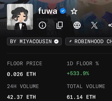 A profile page for an NFT collection called 'fuwa' (verified) showing a floor price of 0.026 ETH and 1D floor change of +533.9%, with 24H volume of 42.37 ETH and total volume of 61.14 ETH.