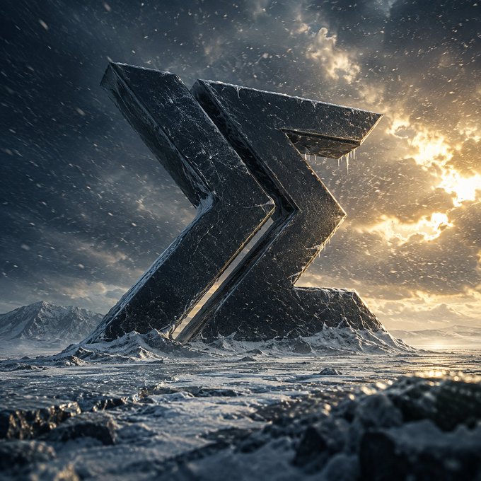 A large, metallic Sigma (Σ) symbol sculpture rising from a frozen, snow-covered landscape under a dramatic cloudy sky.