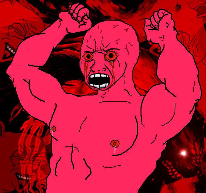 A grotesque, screaming pink humanoid figure with bloodshot, teary eyes flexes its muscles against a chaotic red and black background filled with monstrous faces. The image humorously exaggerates the post's message about overcooking steaks, depicting the primal frustration of ruining a Sunday grill session.