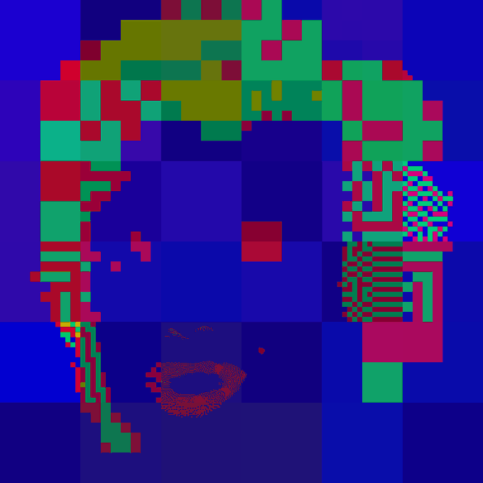 The image features a digital art piece with a face composed of small squares, each filled with different colors such as red, green, blue, and yellow. The square faces are arranged in a circular pattern, creating an interesting visual effect. The background color is a dark blue, which contrasts with the colorful squares on the face. In the bottom right corner of the image, there's text that reads "TBAM 990 acquired for 0.0044 WETH by 0x5469..." and "1 TBAM".