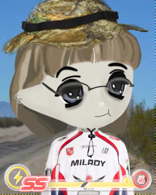 An AI-generated image combining a cartoon dog character's head with a camouflage bucket hat, large anime-style sunglasses, and a white and red racing suit with "MILADY" printed on it.