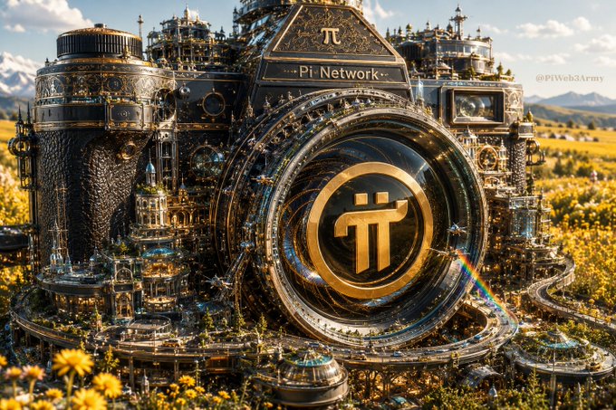 An ornate steampunk-style digital artwork featuring a massive mechanical camera lens emblazoned with the Pi Network "π" symbol, set in a field of yellow flowers, with text "Pi Network" and "@PiWeb3Army".