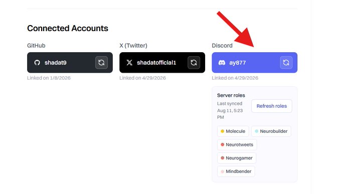 A "Connected Accounts" page shows linked GitHub (shadat9), X/Twitter (shadatofficial1), and Discord (ay8777) accounts, with a red arrow pointing to the Discord connection, which displays server roles including Molecule, Neurobuilder, Neutrotweets, Neurogamer, and Mindbender. The image illustrates the step of linking a Discord account to the GenLayer Portal to preserve Community Points before the August 17 deadline.