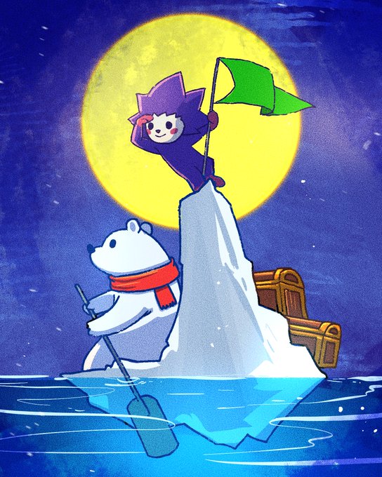 The illustration depicts a cartoon character in a purple hooded outfit holding a green flag atop an iceberg, accompanied by a polar bear wearing a red scarf rowing a boat, all set against a full moon backdrop—fitting the whimsical, celebratory tone of winning Chog NFT whitelist spots.