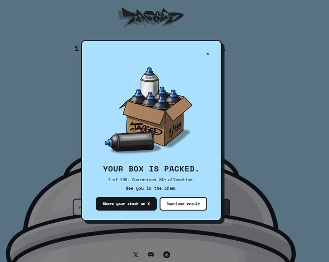 A digital pop-up graphic on a gray background showing spray paint cans in a box with text 'YOUR BOX IS PACKED. 1 of 100. Guaranteed 24h allocation.' and buttons to share on X or download the result.