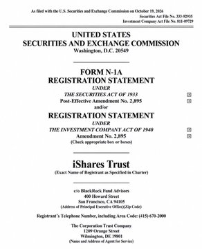 The image shows the cover page of an SEC Form N-1A registration statement filed by iShares Trust for a new product called the iShares Bitcoin Managed Protection ETF, with the c/o BlackRock Fund Advisors listed at 400 Howard Street, San Francisco, CA. This filing relates to BlackRock's official SEC submission for a Bitcoin ETF designed to limit losses while offering capped upside to its existing $65 billion IBIT fund.