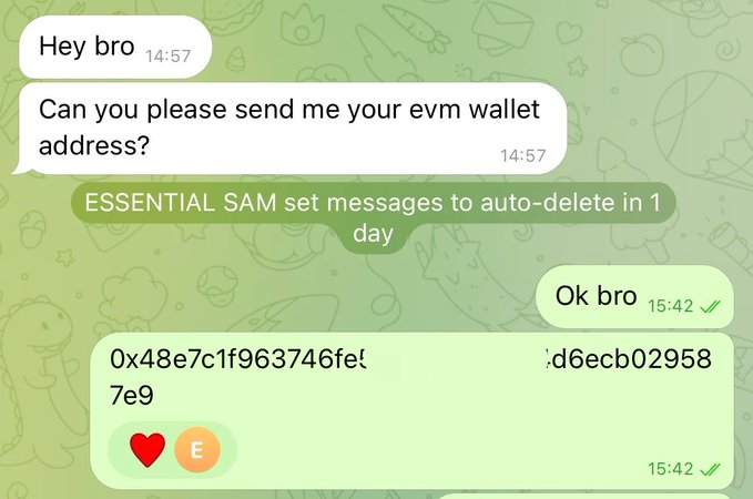 A WhatsApp chat screenshot where 'ESSENTIAL SAM' sets messages to auto-delete in 1 day, then asks for an EVM wallet address, and the reply 'Ok bro' follows with a long hexadecimal string shared with a heart and EMOJI sticker.
