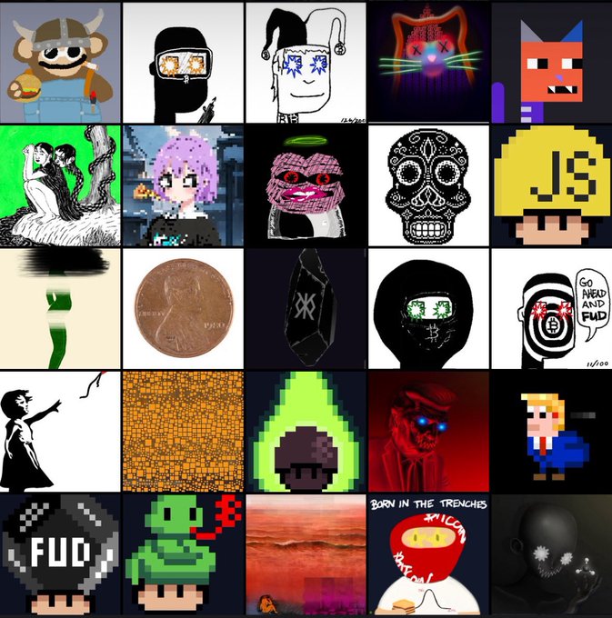 A grid of 25 diverse digital artworks and collectibles displayed on OpenSea, featuring various styles including pixel art, illustrations, and abstract designs, with visible text such as "FUD," "BORN IN THE TRENCHES," and "GO AHEAD AND FUD." The collage showcases the variety of Ordinals NFT collectibles, reinforcing the post's message about Ordinals being prominently featured on the OpenSea marketplace.