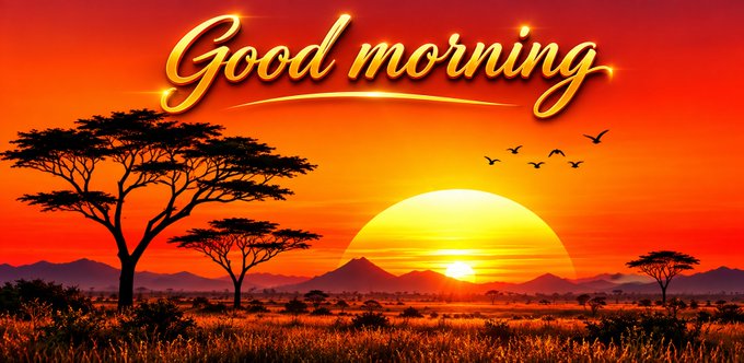A vibrant African savanna sunset scene with silhouetted acacia trees, birds flying, and golden script text reading 'Good morning' across the orange sky.