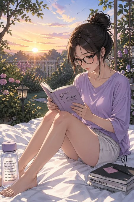 An anime-style illustration of a young woman with glasses and a purple shirt reading an 'IKIGAI' book at sunset, with 'Atomic Habits' and 'The Psychology of Money' stacked nearby.