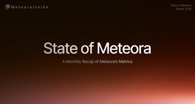 A presentation slide titled "State of Meteora - A Monthly Recap of Meteora's Metrics" with the "MeteoraInside" logo and dated "August 2026".